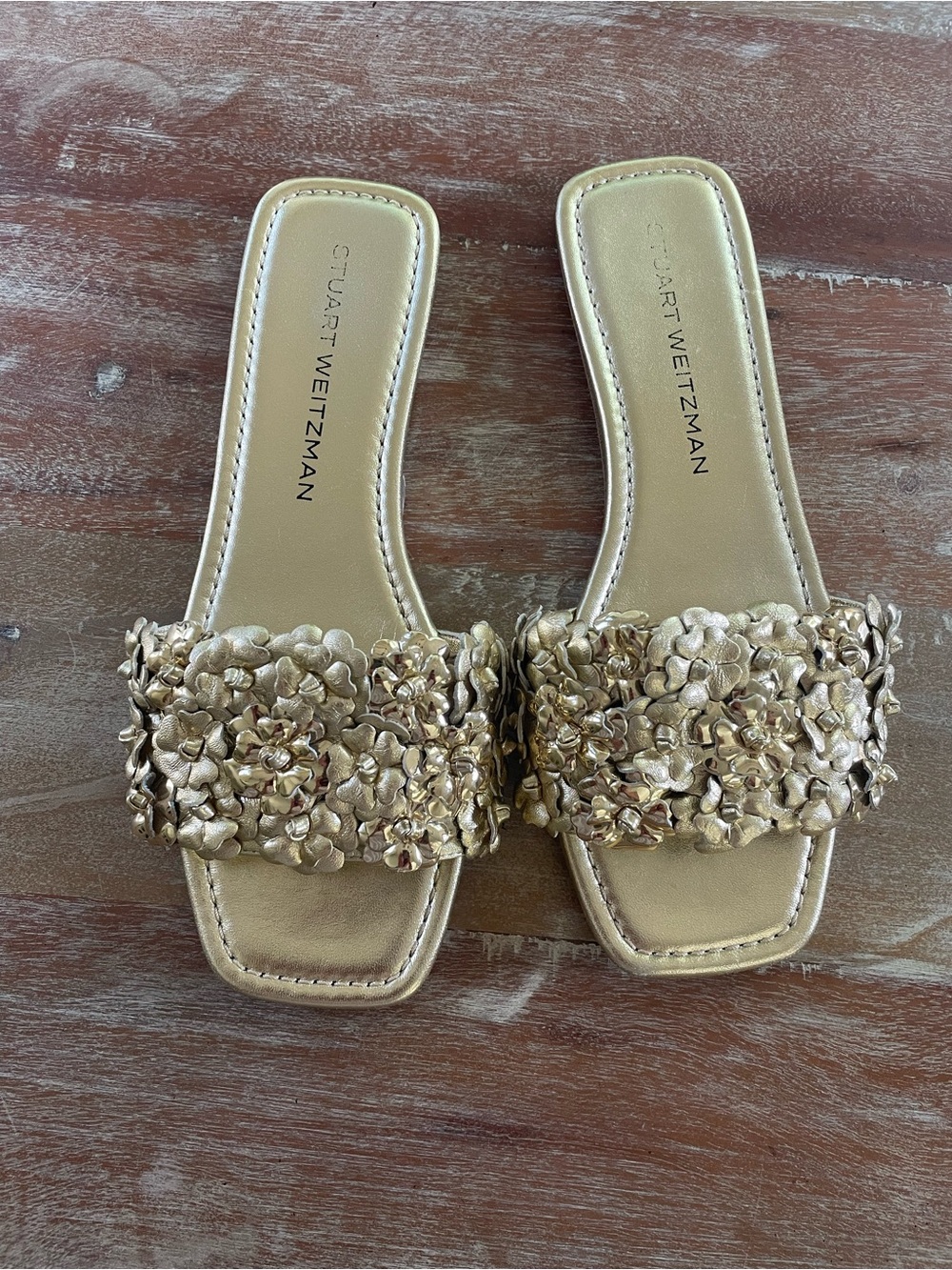Stuart Weitzman Metallic Gold Floral Slide Mules